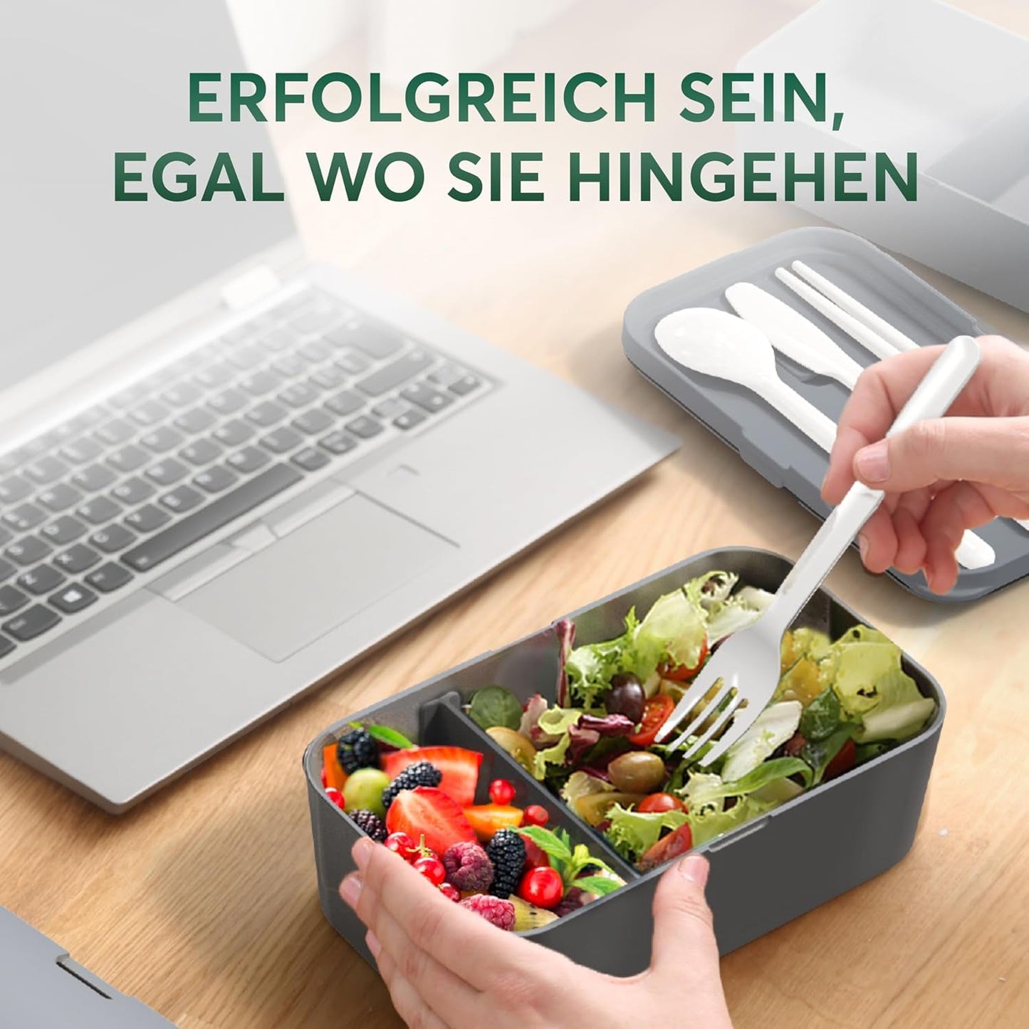 Umami madpakke til voksne, stabelbar Bento-boks med 4 bestik og rum, madpakke til voksne, to-go salatbeholder, Picnic/kontor madpakke, koksgrå, 1500 ml madopbevaringsbokse Naty Shop