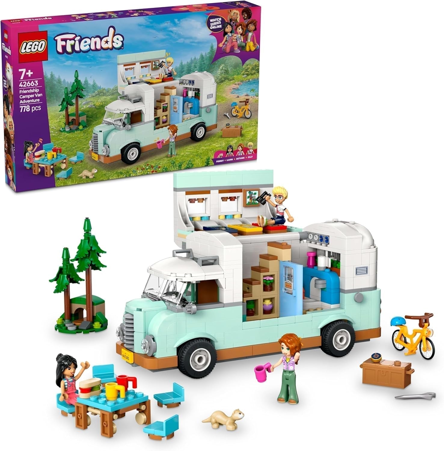 LEGO Friends Caravan, Rollespilsbyggesæt med legetøjskaravane, Gave til piger fra 7 år og opefter, Kreativt legesæt med 3 minifigurer og ilderdyrsfigur 42663 Byggesæt Besuche den LEGO-Store Standardtitel