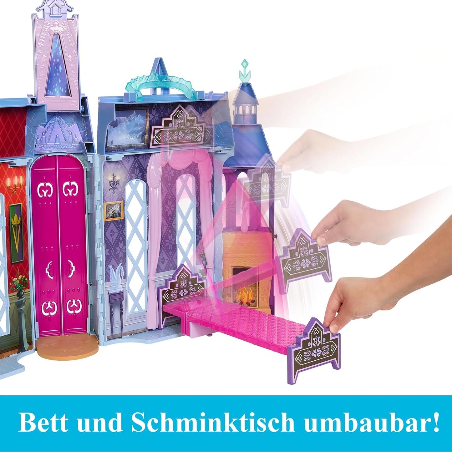 Mattel Disney Frozen - Castle Arendelle Dukkehus (60 cm+) med Elsa Doll, 4 legepladser og 15 stykker Disney Frozen II møbler og tilbehør, HLW61