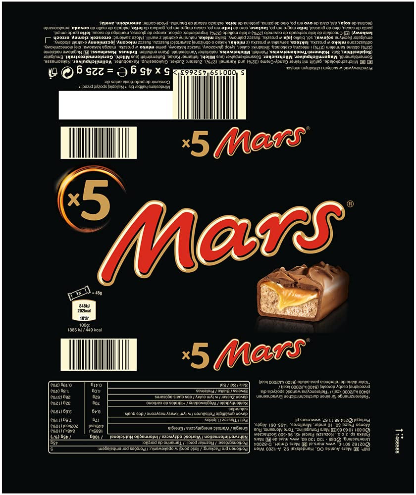 Mars chokoladestænger karamelchokolade 1 pakke 5 stænger (1 x 225 g) (pakke med 2)
