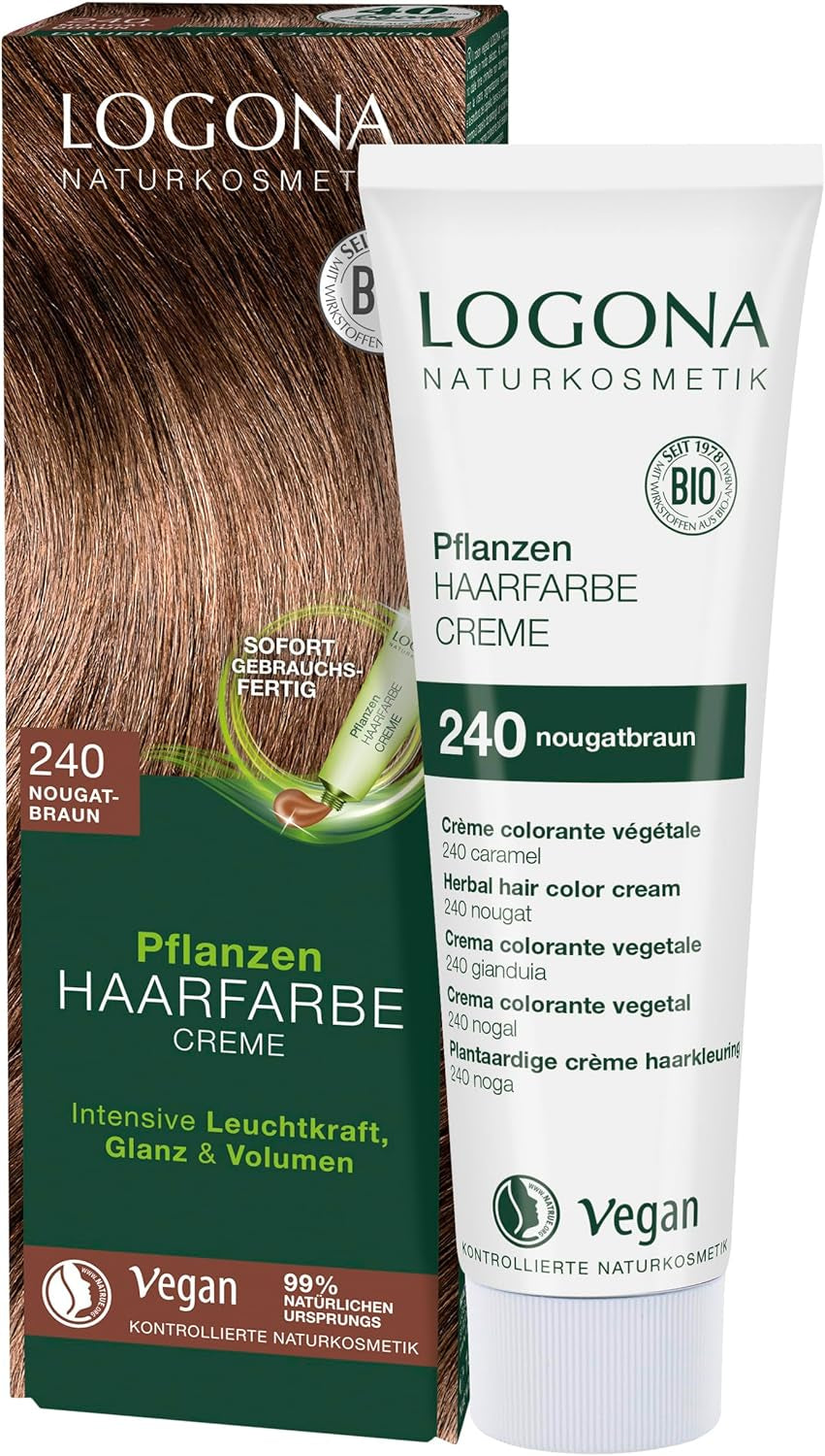 LOGONA Natural Cosmetics Plant Hair Color Cream 240 Nougat Brown, Naturlig farvestof til brunt hår med henna, farvecreme til brune toner, farvning til mørkt hår, 150ml Hårfarve Naty Shop 240 Nougat Brown