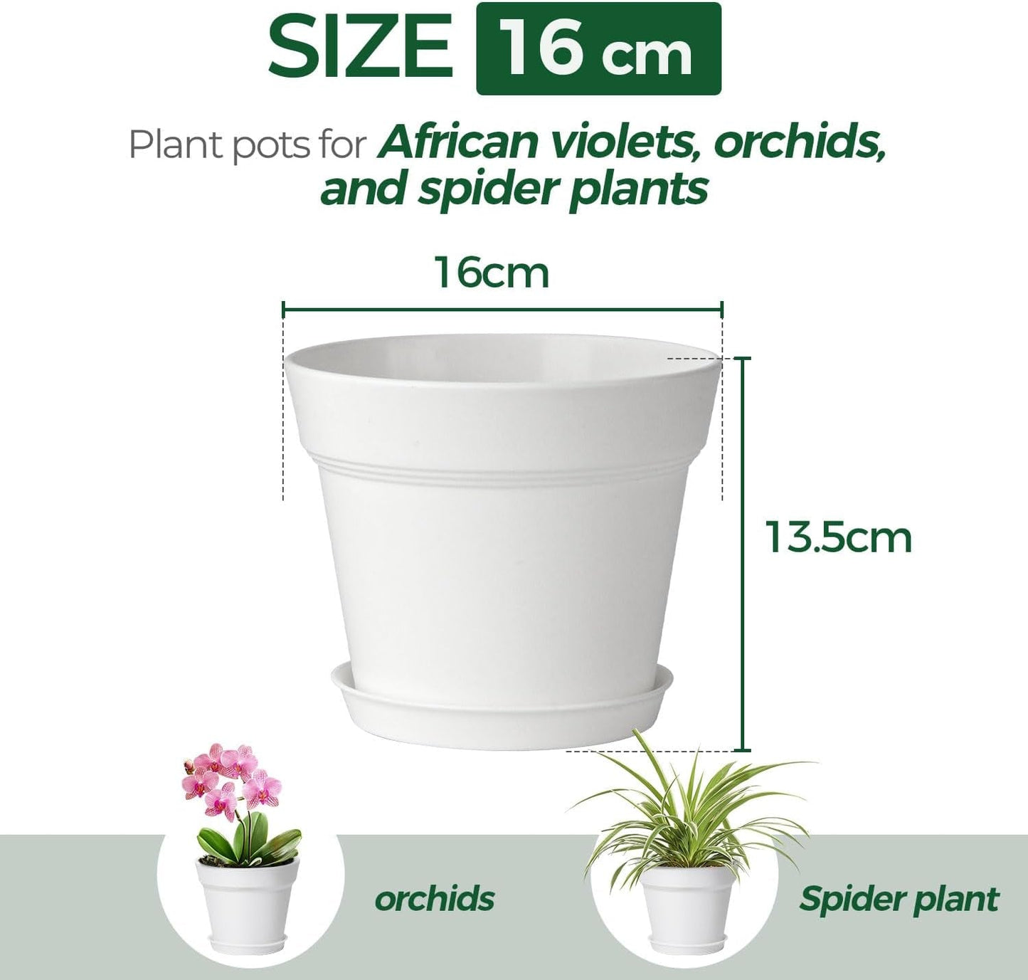 T4U 16 cm plast urtepotte med underkop, sæt med 6 plastik urtepotter med flere drænhuller, rund potte til indendørs og altan sukkulente planter, kaktusser, hvid