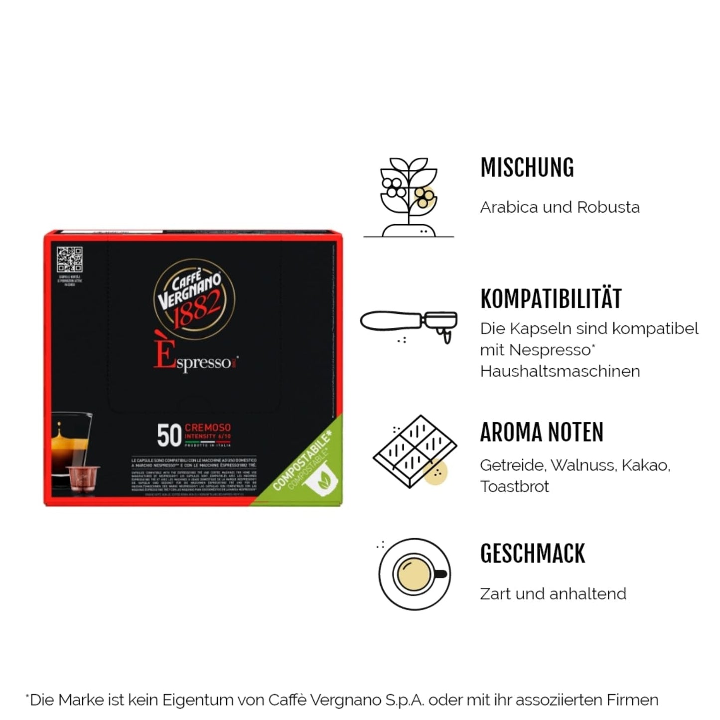 Caffè Vergnano 1882 - Èspresso Kompostierbare Kaffeekapseln, kompatibel med Nespresso, Cremoso (cremet) - Packung Enthälts 50 Kapseln