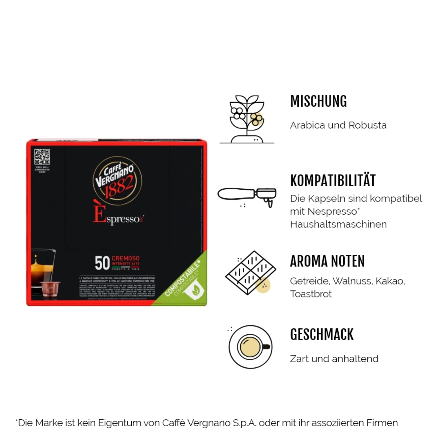 Caffè Vergnano 1882 - Èspresso Kompostierbare Kaffeekapseln, kompatibel med Nespresso, Cremoso (cremet) - Packung Enthälts 50 Kapseln