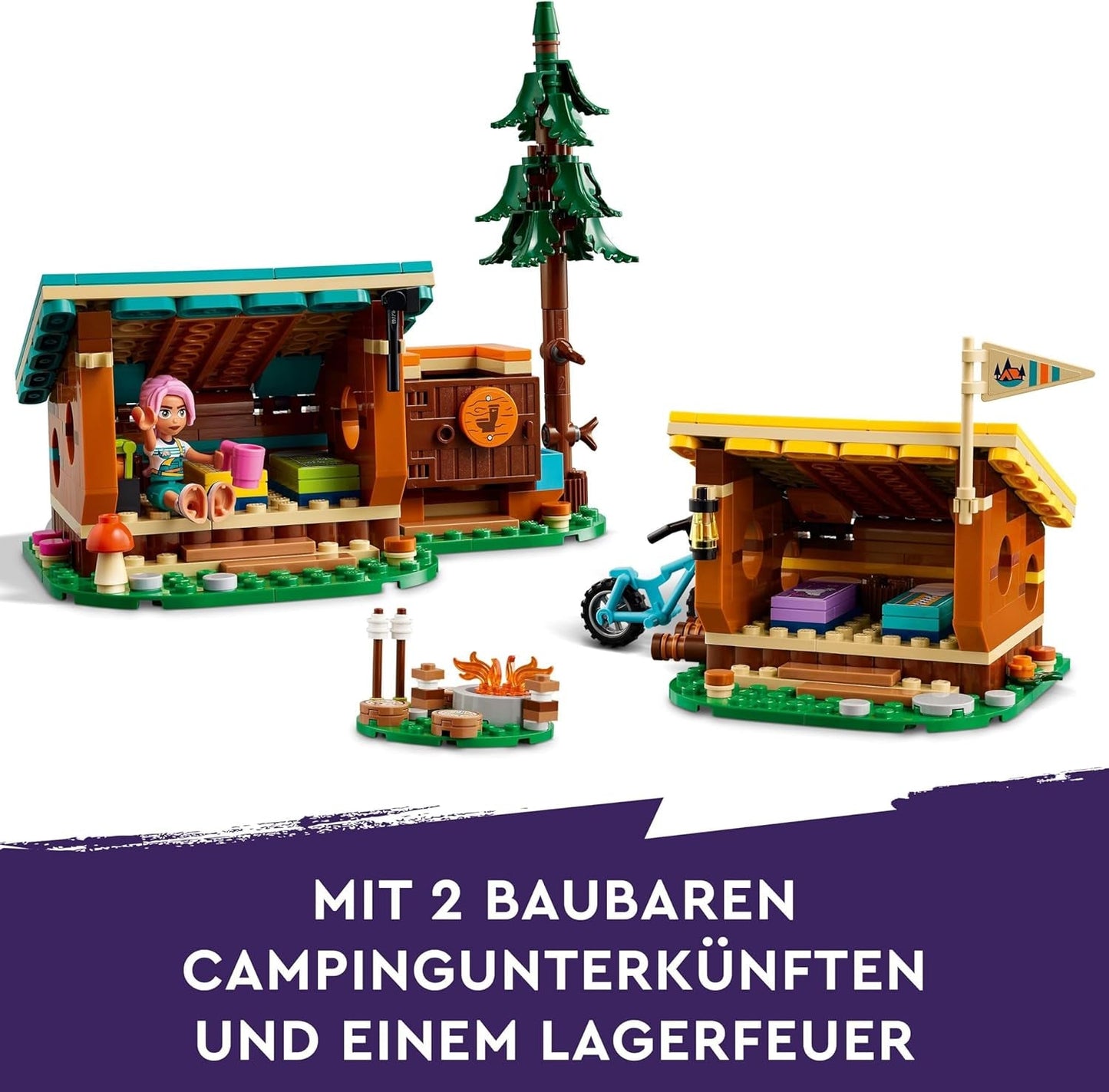 LEGO Friends hyggelige hytter på eventyrlejr, udendørs rollelegesæt, børnelegetøj til piger og drenge fra 7 år med 3 figurer og ræv, campinglegetøj 42624 Byggesæt Besuche den LEGO-Store