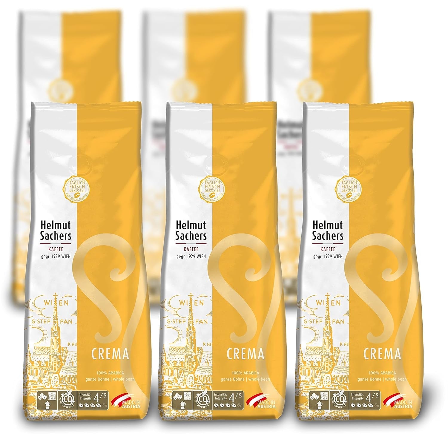 Helmut Sachers kaffe - creme, styrke 4/5, 100 % Arabica, hele kaffebønner, 6 x 500 g