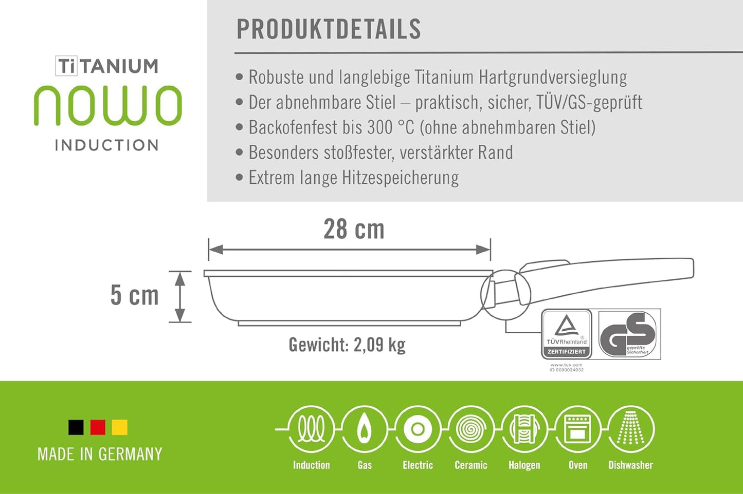 Woll Nowo Titanium flad pande - induktion, 5 cm højde, aftageligt håndtag - til alle typer kogeplader, støbt aluminium, non-stick belægning Gryder og pander Naty Shop