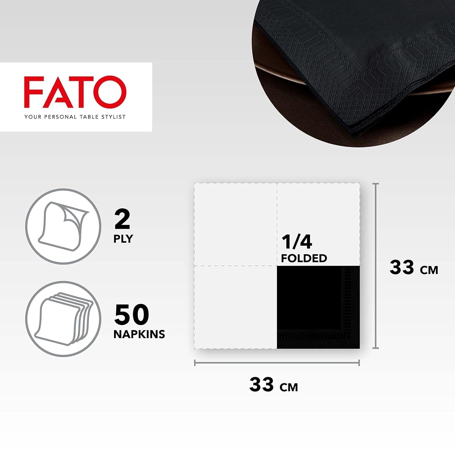 , Engangspapirservietter, ideelle til afslappede frokoster og buffeter, pakke med 50 servietter, størrelse 33X33, 4-lags, 2-lags, sort, Fsc-certificeret (pakke med 2)