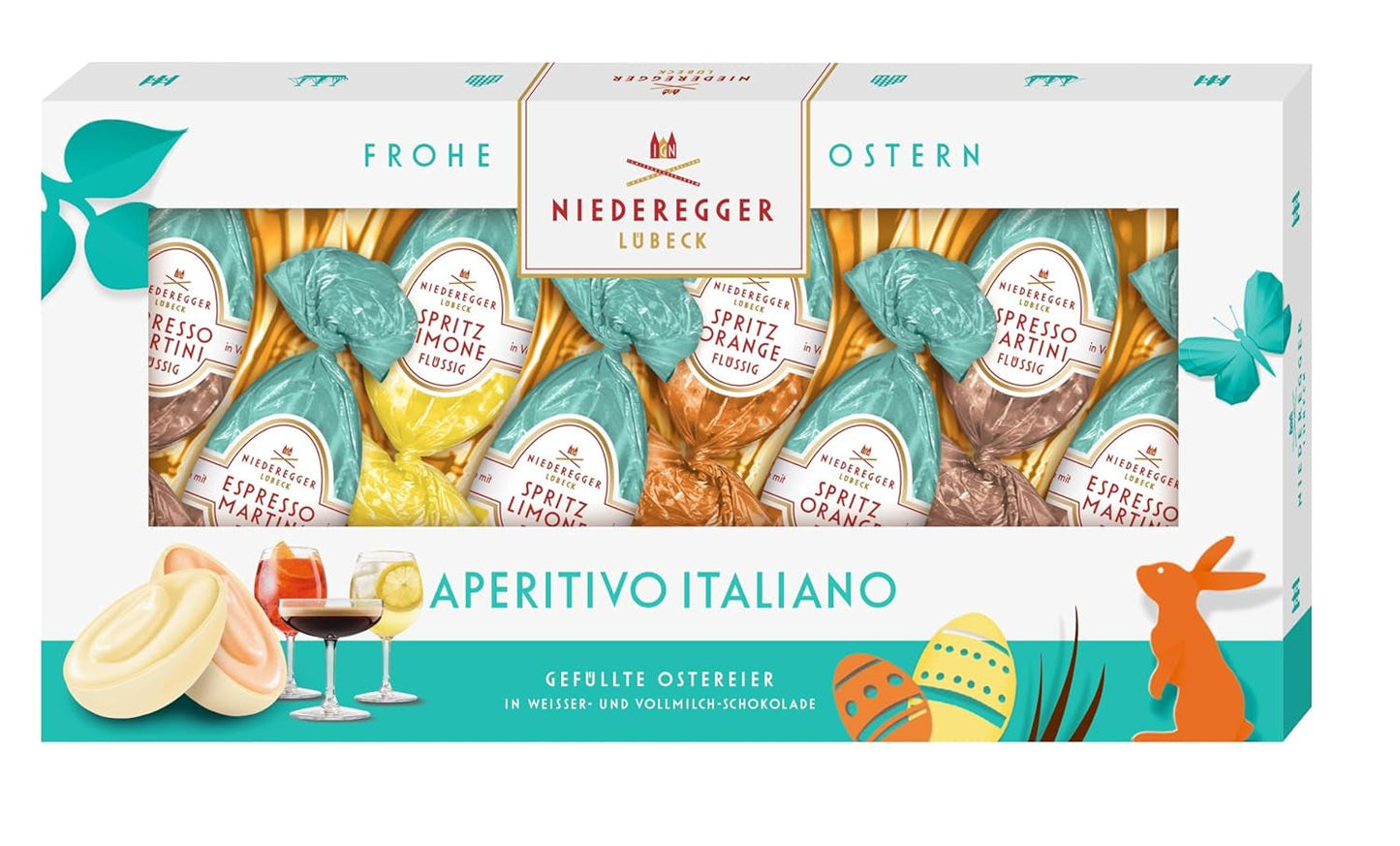 Niederegger | Pralineæg | Italiensk forret | 1 x 100g | Fyldte æg i smagen Lemon Spritz, Orange Spritz og Espresso Martini | Dækket med mælk og hvid chokolade | påske gave