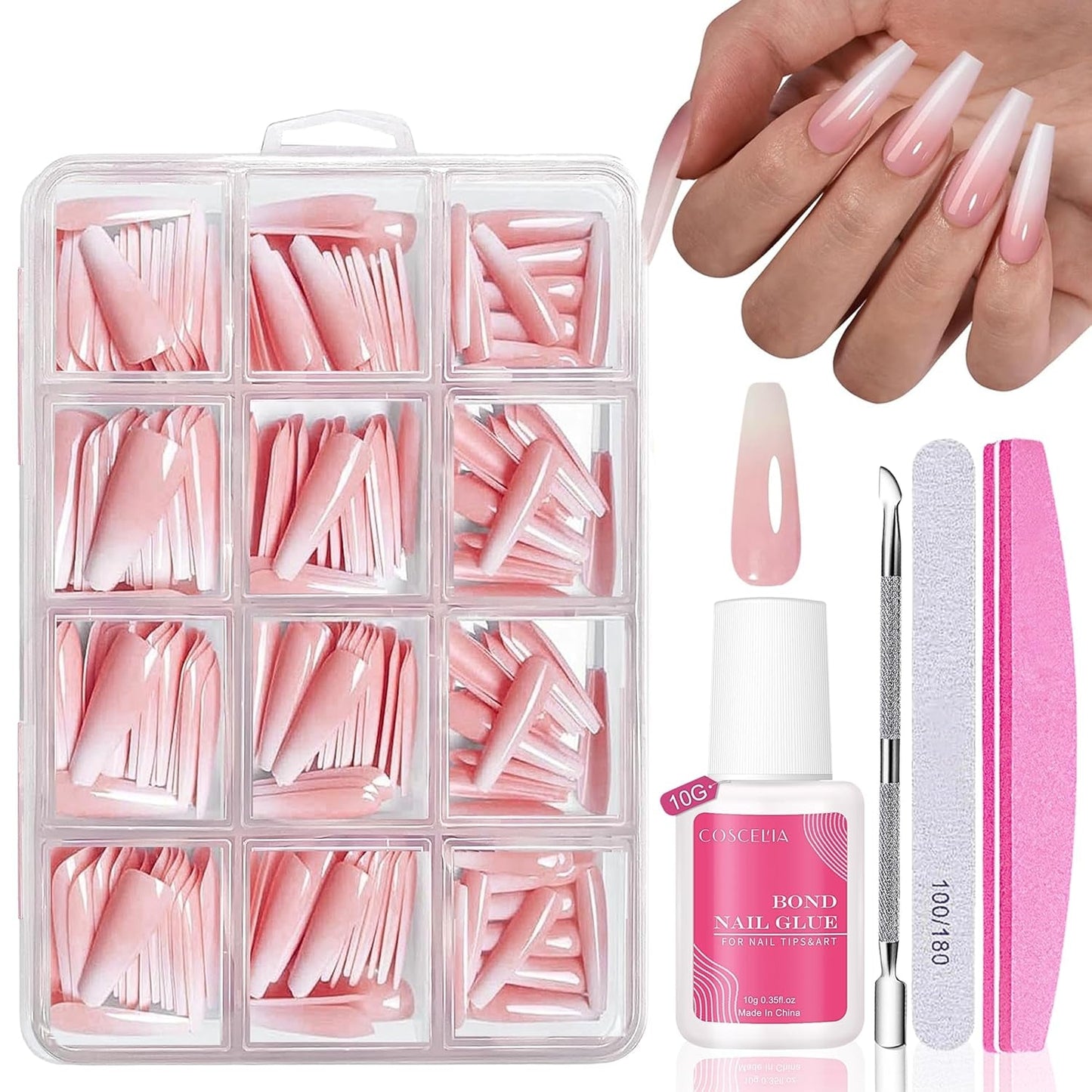 Sæt med falske negle - 240 stykker franske falske negle lim på - Pink White Gradient Design Kunstige negle Fuldt dækkende blød gel Naturlig og behagelig at have på (Pink Mandel)