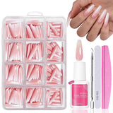 Sæt med falske negle - 240 stykker franske falske negle lim på - Pink White Gradient Design Kunstige negle Fuldt dækkende blød gel Naturlig og behagelig at have på (Pink Mandel)