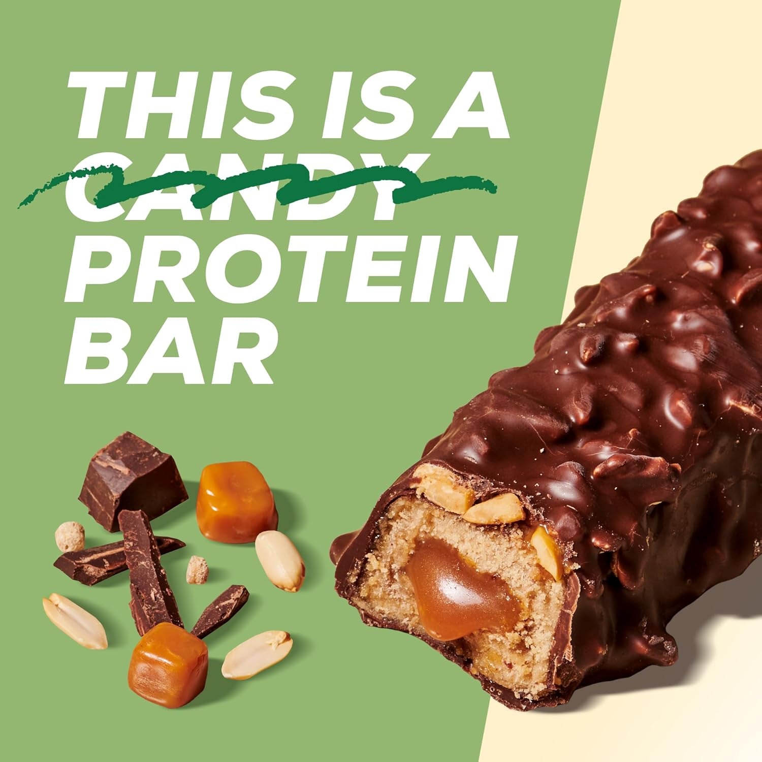 MaxiNutrition Cremet vegansk proteinbar med chokolade, peanuts og karamel 12x45g - vegansk proteinbar, 18% protein, 8,3g pr. bar, lavt sukkerindhold (0,9g), uden tilsat sukker, ingen kunstige smagsstoffer