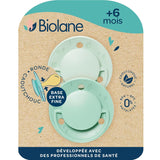 BIOLANE - Rund sut - Ekstra tynd sut - 6+ måneder - Tofarvet grøn - Naturgummisutter - Til oral udvikling - Blød og behagelig
