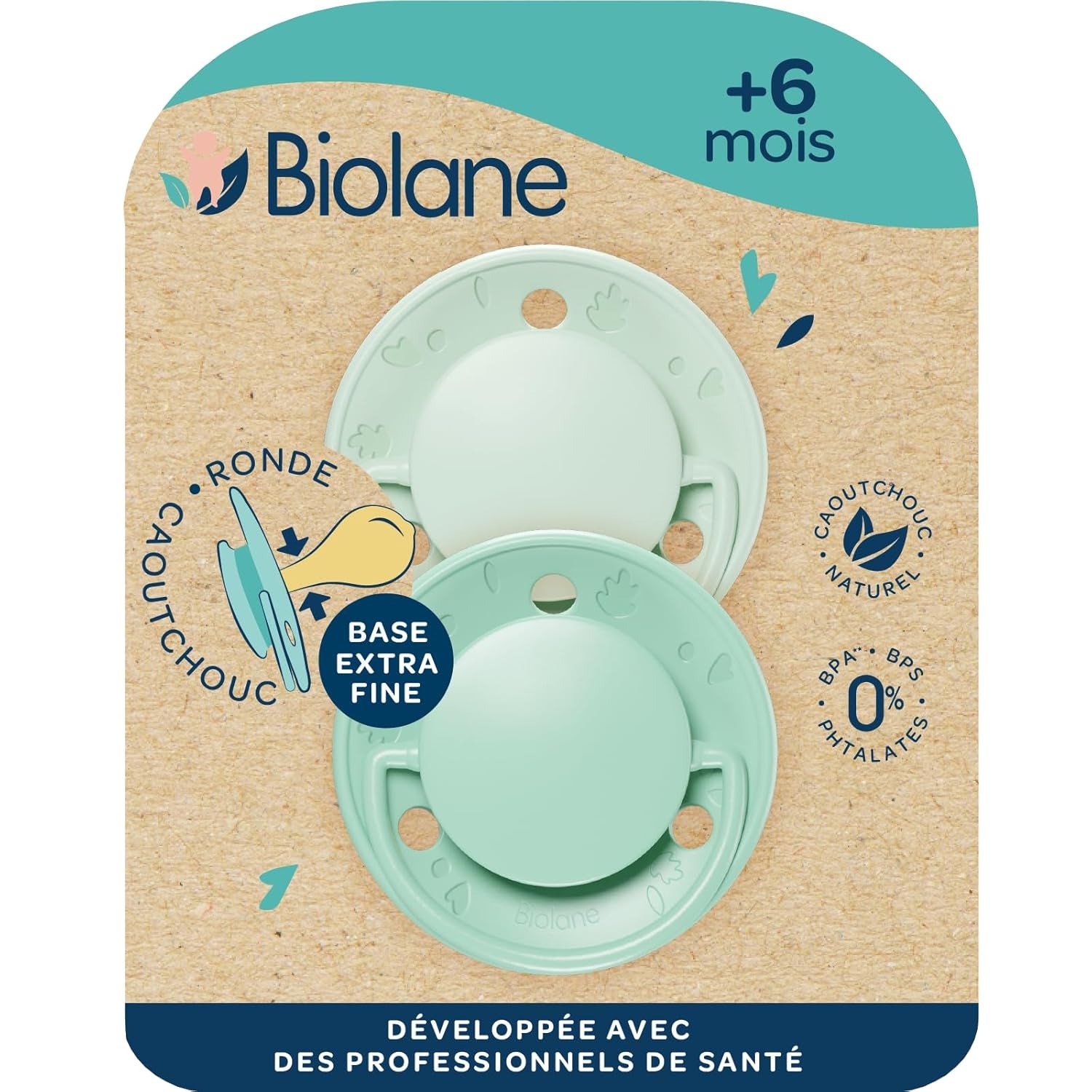 BIOLANE - Rund sut - Ekstra tynd sut - 6+ måneder - Tofarvet grøn - Naturgummisutter - Til oral udvikling - Blød og behagelig