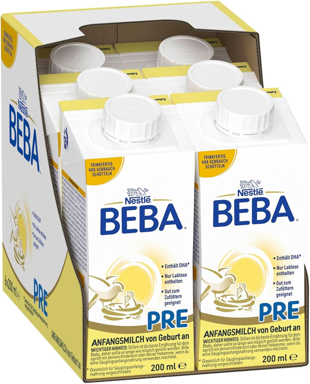BEBA PRE Startmælk fra fødslen, babymad med DHA, kun laktose, uden palmeolie, pak 3 (3 x 800 g) Naty Shop PRE, sæt 6 x 200 ml 6 x 200 ml