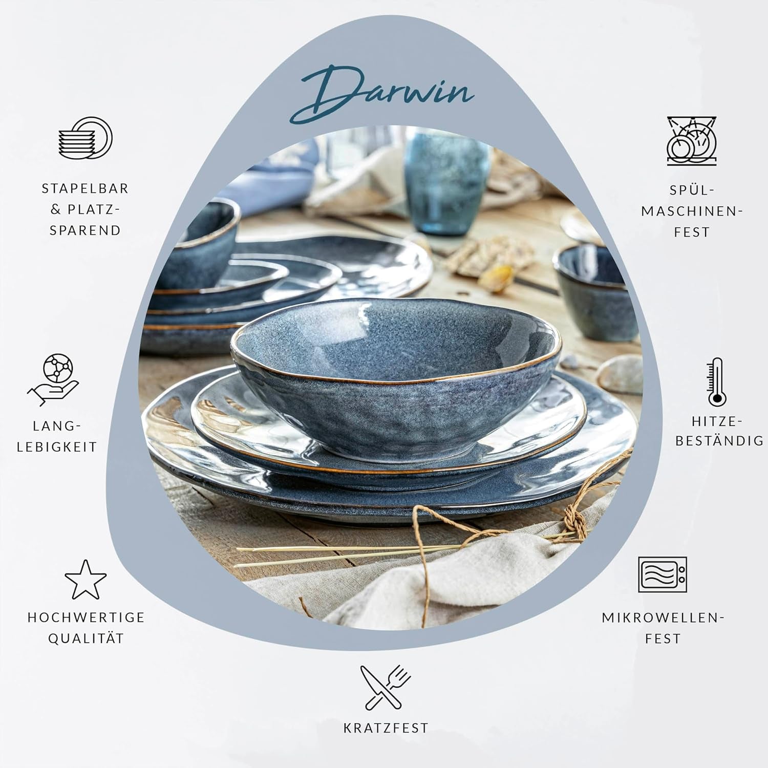 SANGER | Darwin 12-delt porcelænssæt, stentøjsstel til 4, blåt stel med middagstallerkener, desserttallerkener og suppetallerkener, håndlavet porcelænssæt | PREMIUM KOLLEKTIONEN