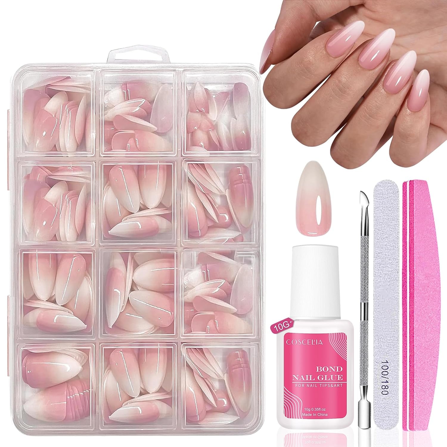 Sæt med falske negle - 240 stykker franske falske negle lim på - Pink White Gradient Design Kunstige negle Fuldt dækkende blød gel Naturlig og behagelig at have på (Pink Mandel)