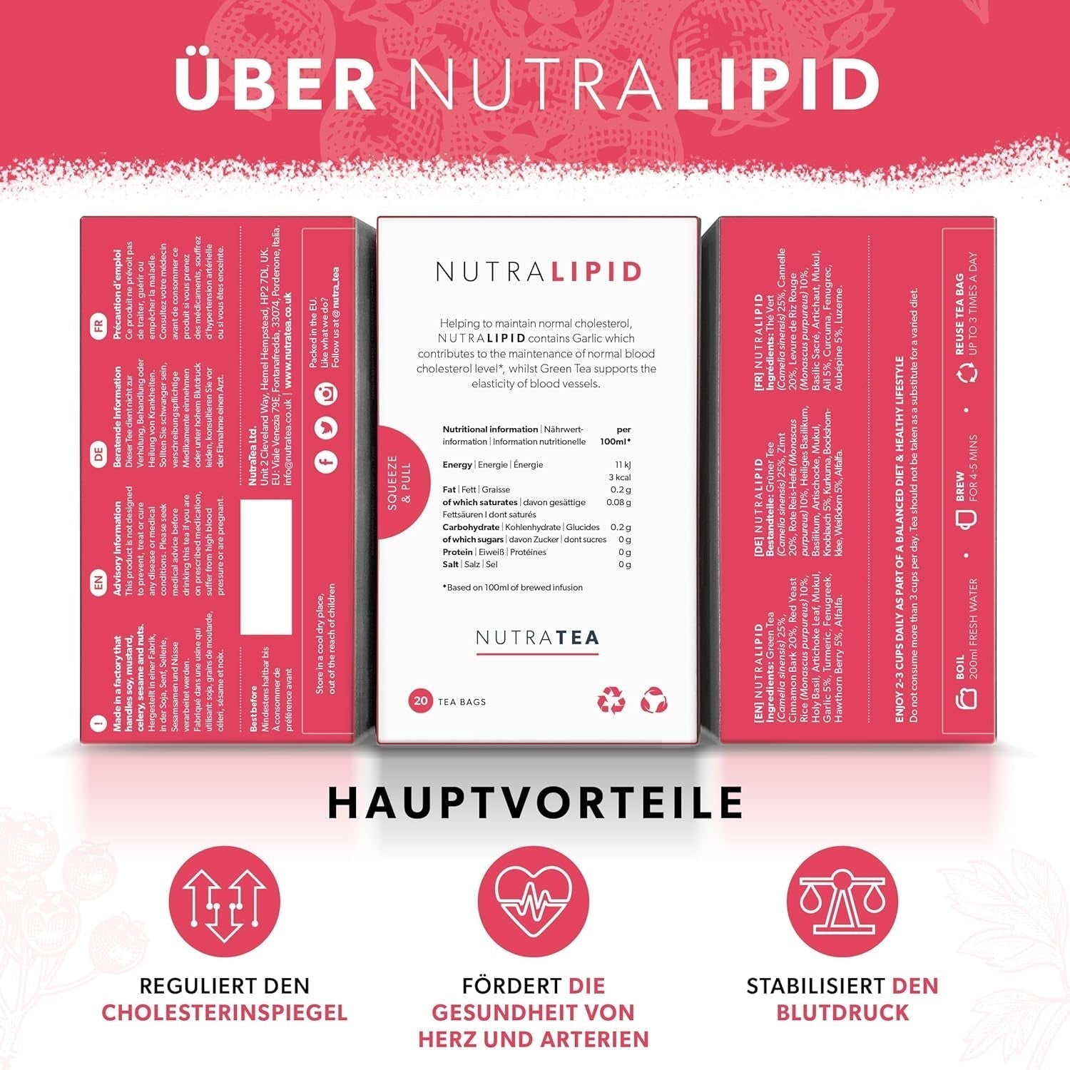 Nutra Tea NUTRALIPID, Blodsukkerbalancerende te Hjælper med at opretholde blodsukkerniveauet, Slankende te Forbedrer stofskiftet og kan undertrykke appetitten, 20 genanvendelige teposer