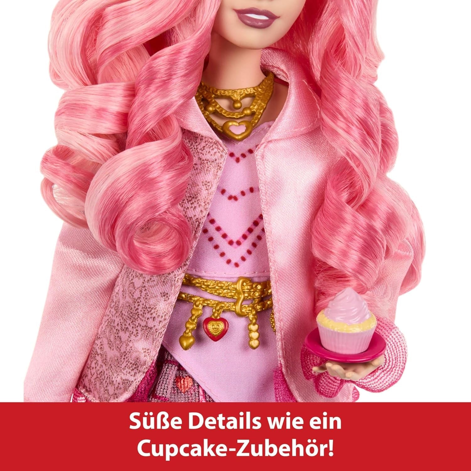 Mattel Disney Descendants: The Rise of Red Modepuppe og tilbehør – Bridget, die junge Herzkönigin, mit vom filminspirerede Kleidung og Cupcake, HWT91