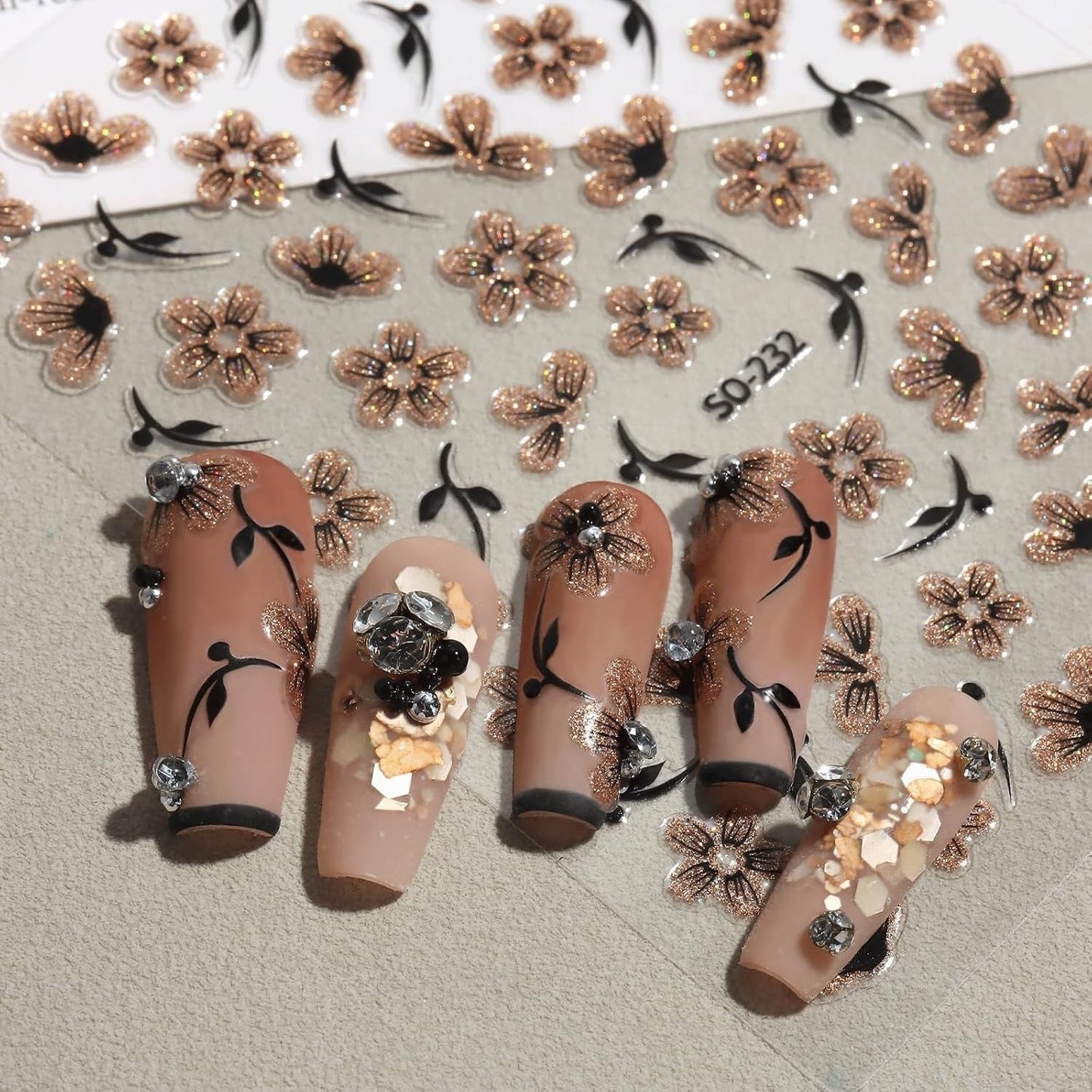 JMEOWIO 6 Blatt 3D Nagelsticker Blumen Nail Art Sticker Selbstklebend Nagelaufkleber 5D Stereoskopisk Frühling Sommer Blumen Dekoration Nageldesign Zubehör
