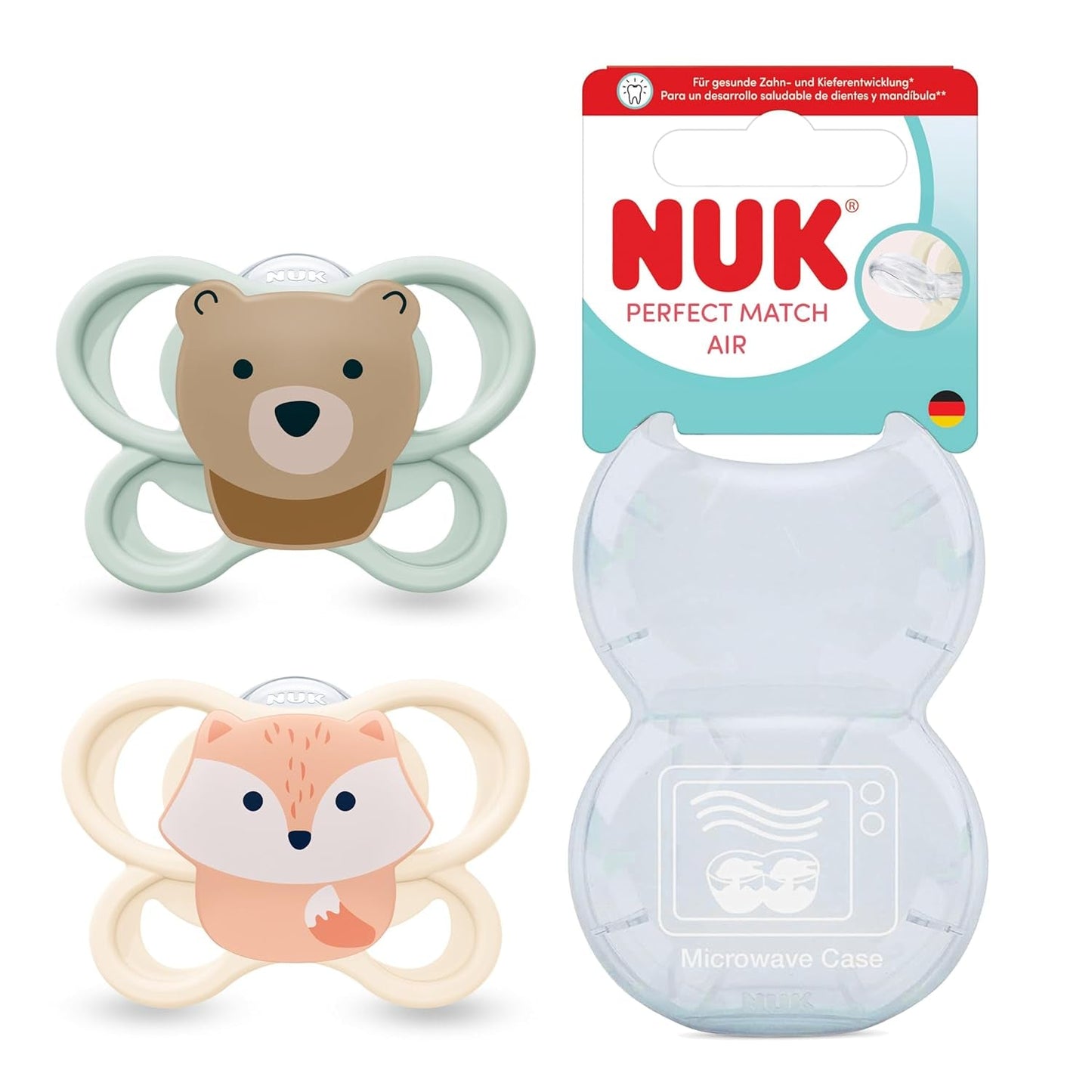 NUK Perfect Match luftsutter til babyer | 0-6 måneder | Ortodontiske sutter, der fremmer luftcirkulationen og forhindrer savlen | 95 % accept af babyer** | Ræv/Bamse | Pakke med 2