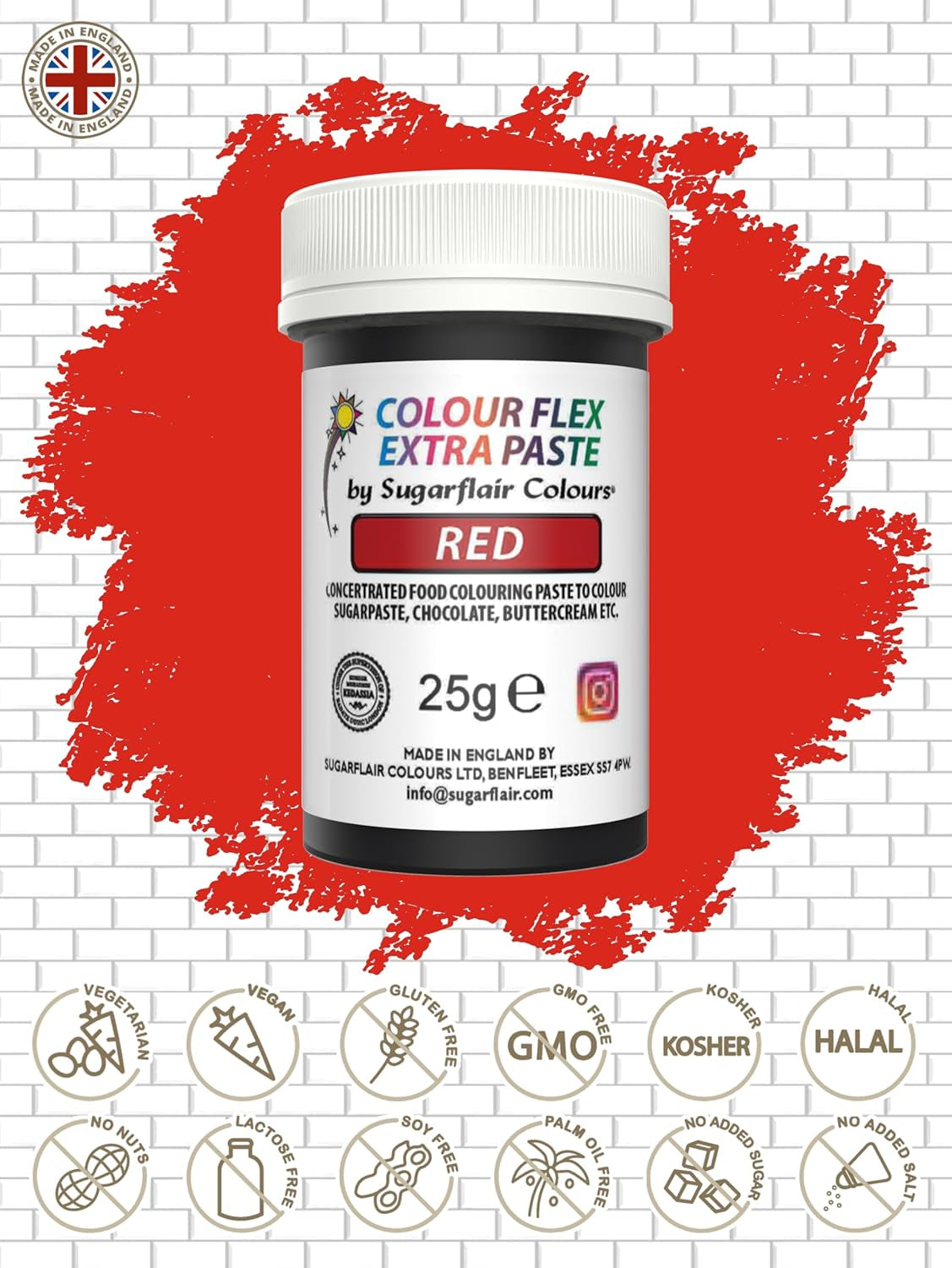 Sugarflair Colourflex Extra Paste madfarve, rød - Spiselig madfarve til smørcreme, chokolade, sukkerpasta, glasur, fondant, kageblandinger, dej og mere - 25g