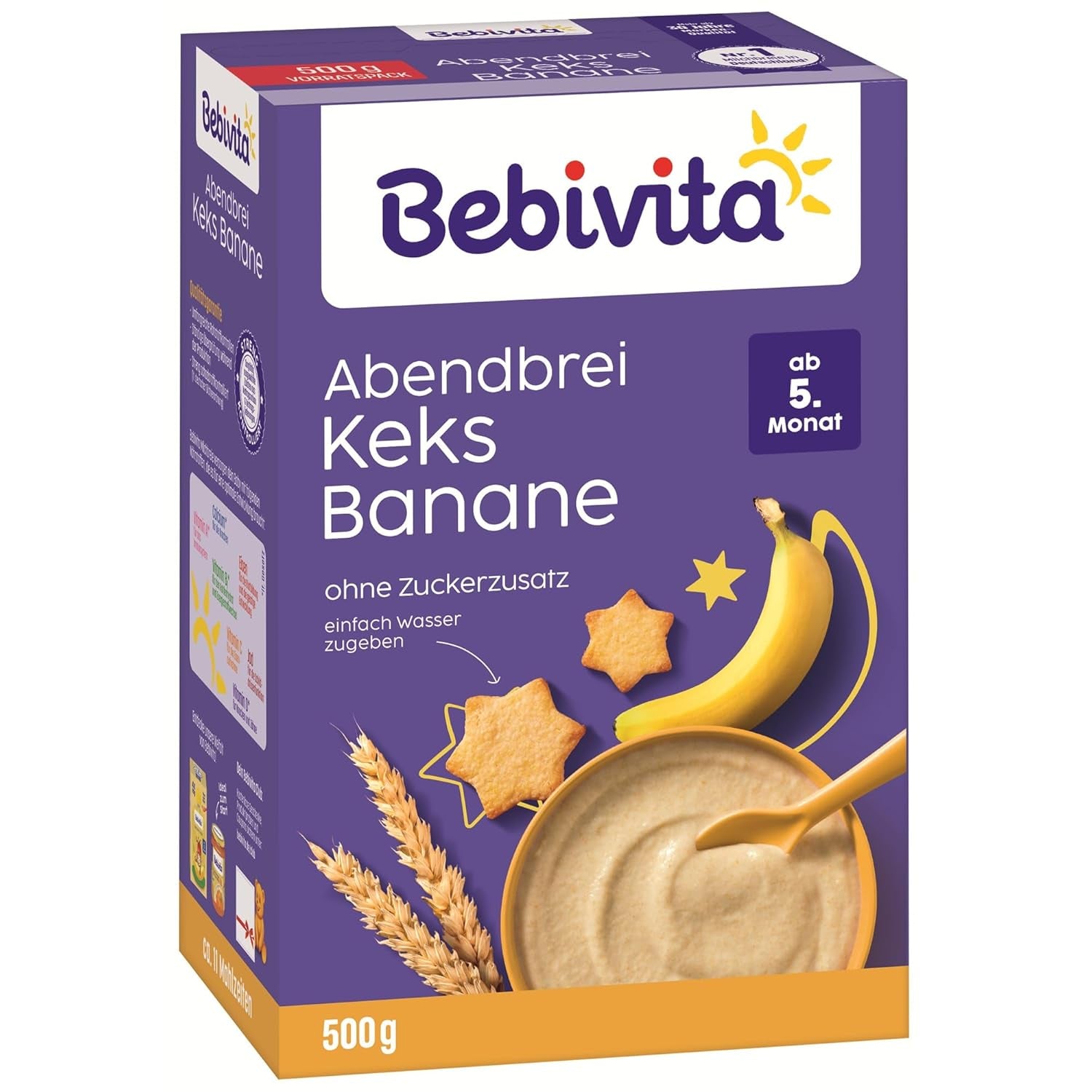 Aftengrød med kiks og bananer (4x500g), mælkegrød fra 5 måneder, uden tilsat sukker, med værdifulde mineraler og vitaminer, meget mættende