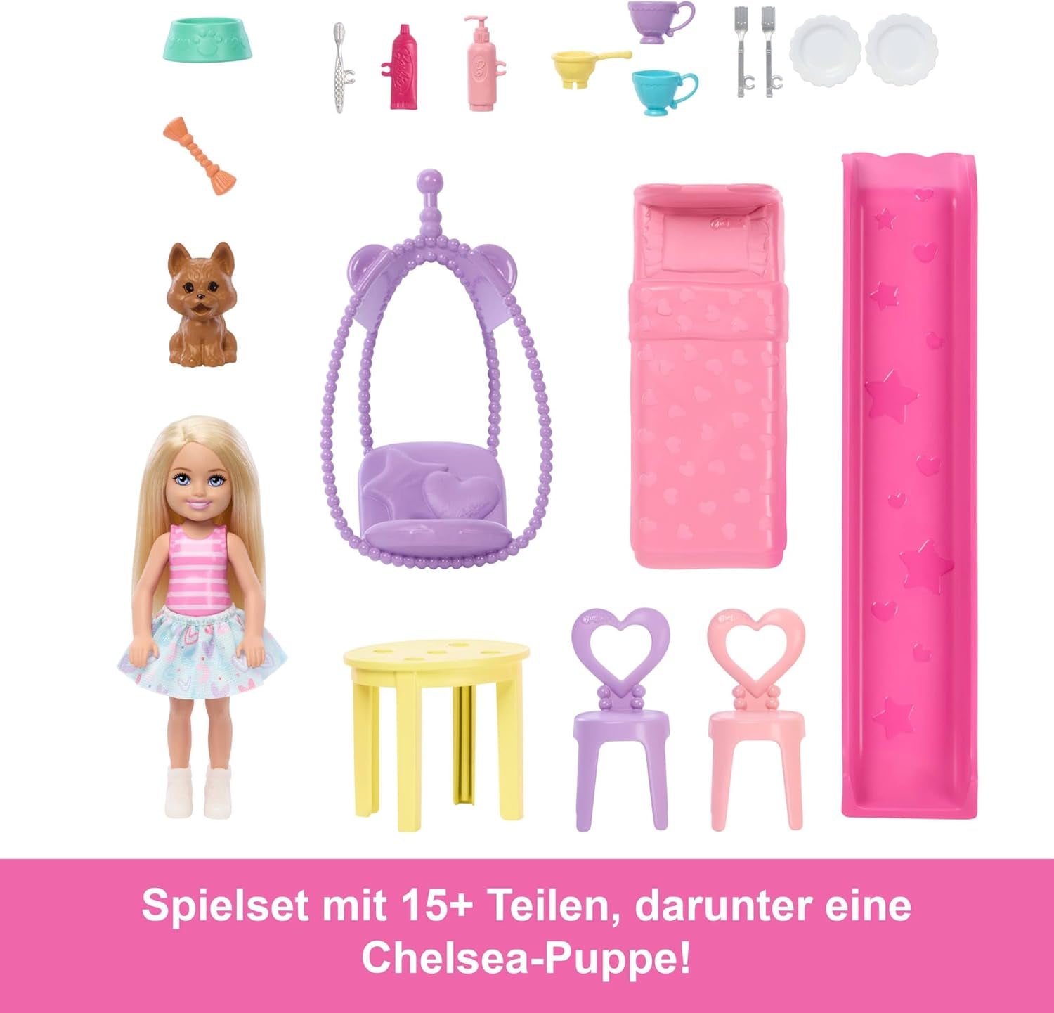 Barbie Chelsea dukkehus med 15+ tilbehør, pop-up-hus udvides til over 42 x 33 cm med 5 legeområder og en rutsjebane, med en lille dukke og en hund, JFW49
