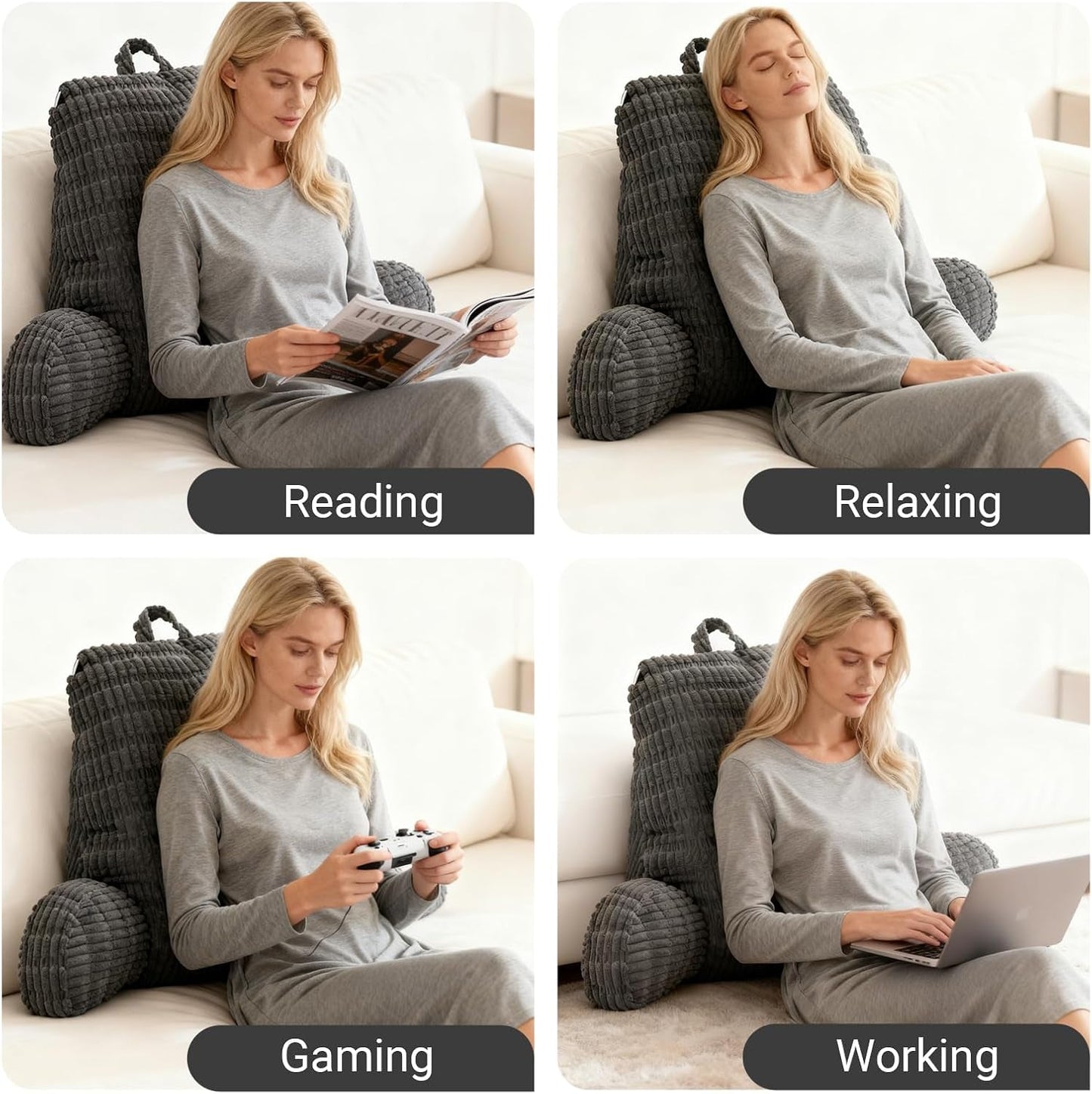 Læsepude til seng og sofa, læsepude med håndledsstøtte, armlæn og rygstøtte, Sengerygpude til hvile, afslapning, læsning, arbejde på bærbar computer, ser tv (mørkegrå)