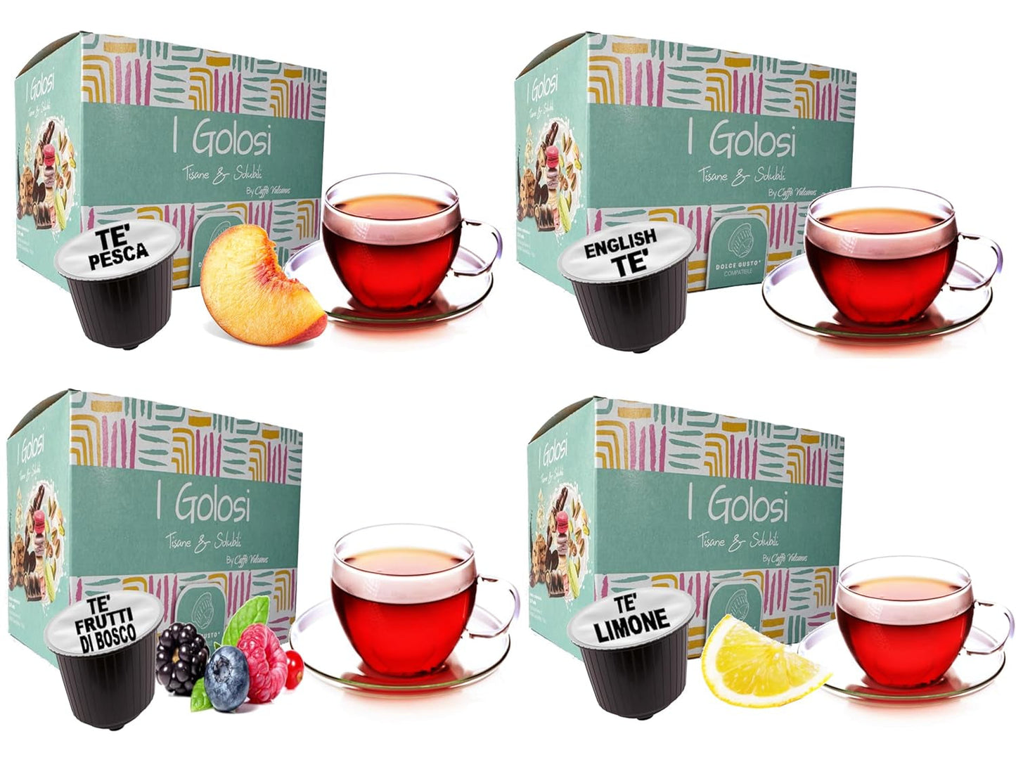 Caffè Vulcanus - 60 kapsler teblanding, smag: Engelsk te, ferskente, citronte og bærte - kapsler kompatible med Nescafe Dolce Gusto