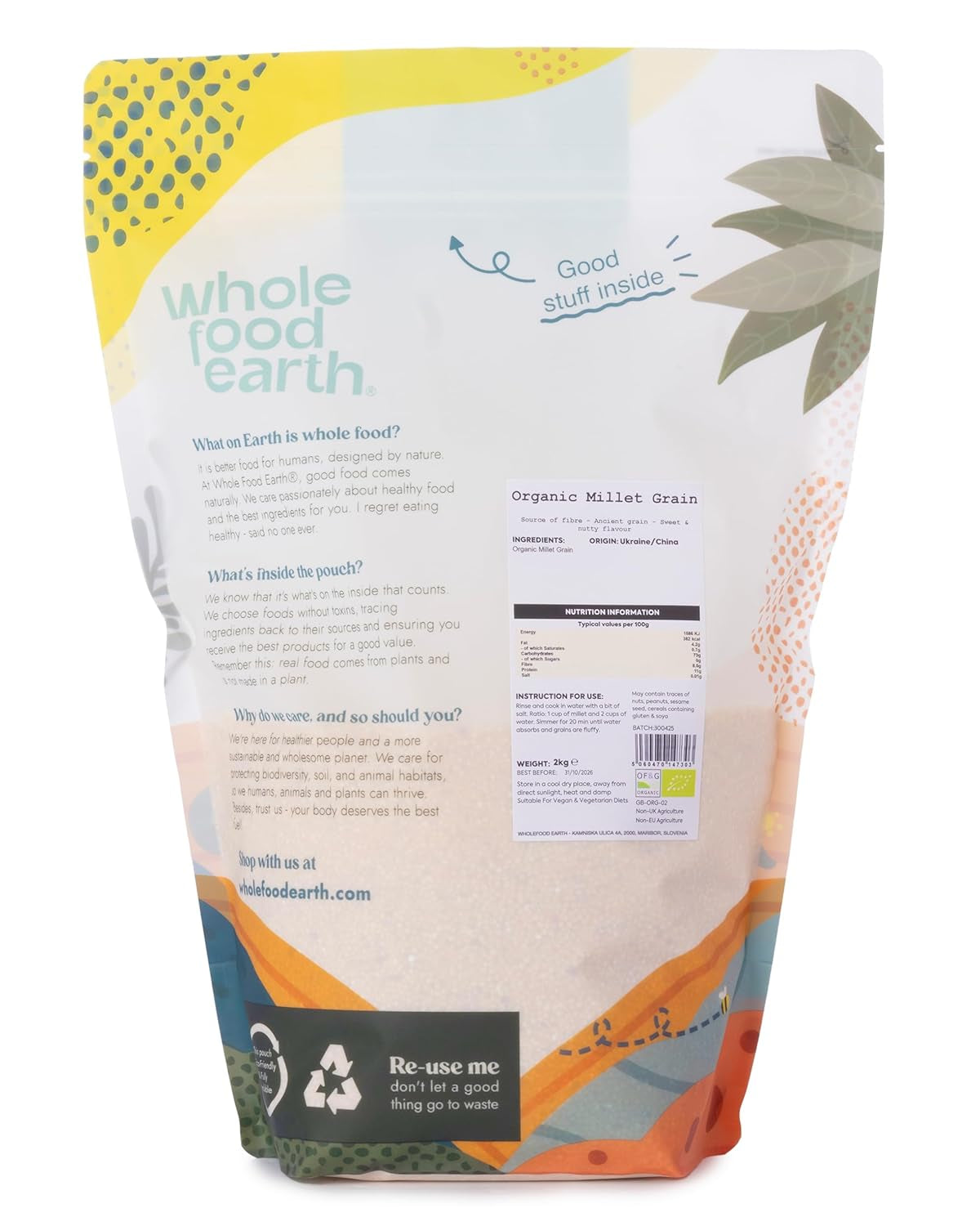 Hirse økologisk Wholefood Jord 2 kg | Ikke-GMO | Vegansk | Rig på fibre | Certificeret økologisk