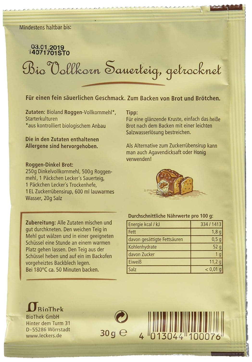 Lecker'S Bio Vollkorn Sauerteig (10 X 30 G) Blanding til bagning og madlavning Naty Shop