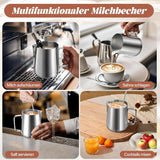Mælkekrus, 350 ml Mælkekrus i rustfrit stål med målemærke, Barista-tilbehør, Mælkekrus til Cappuccino, Espresso, Latte Art, Kaffeelskere, Sølv, 355ml