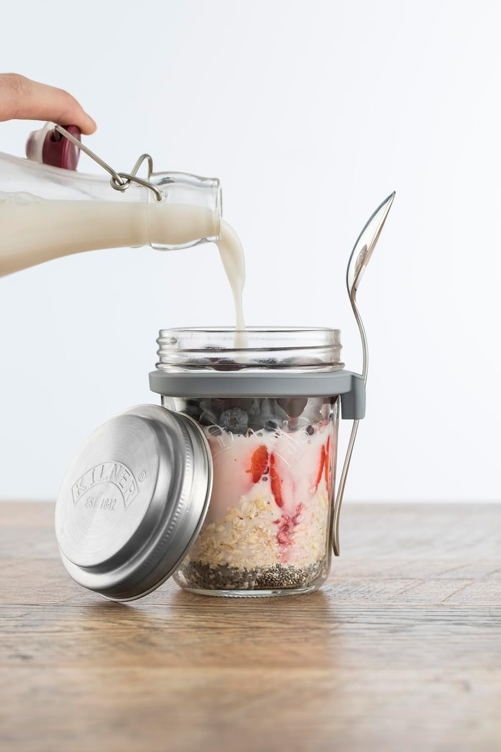 Kilner morgenmadskrukke med ske / 350 ml, Ø 9,5 cm / 5 stk | takeaway müsli kop / giftfri / glasbeholder med låg til müsli, grød og yoghurt / overnight havre beholder Naty Shop Food Opbevaringsbokse
