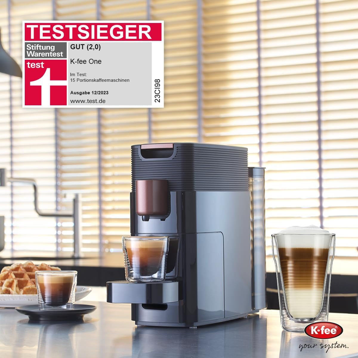 Espressomaskine med K-FEE ONE kapsler til kaffe, te og kakao | Kompakt espresso | Hurtig opvarmning | 0,8 l vandtank | 19 takter | Sort kobber | Stiftung Warentest 2023 testvinder