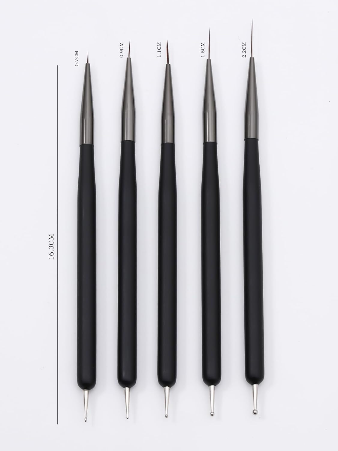 Nagelkunst-Pinsel, 5 Stück, Nailart-Pinsel, Punktierstift-Werkzeuge, Malkunst-Design-Pinsel-Set Für Lange Linien, Dünne Details, Feine Zeichnungsgrößen 7/9/11/15/22 Mm, Black