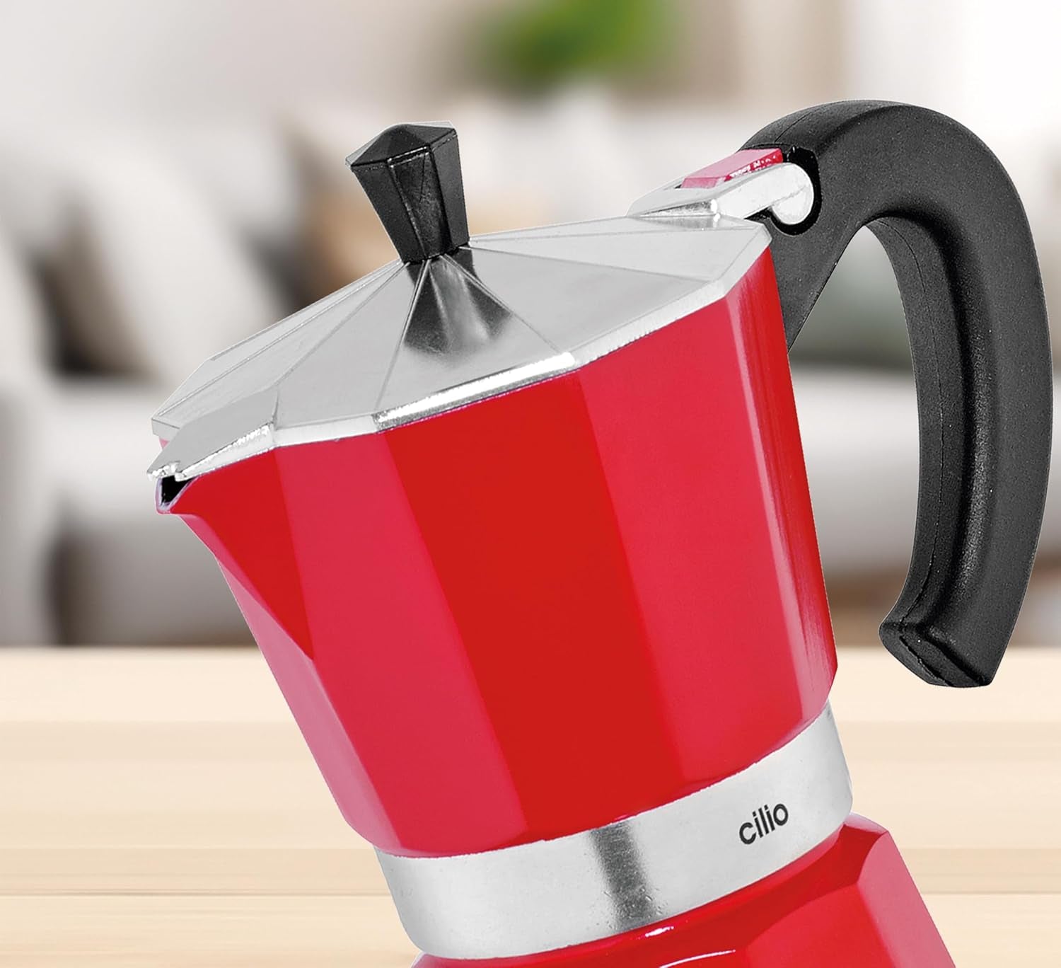 Cilio Classico espressomaskine til 6 kopper | elektrisk 480W | Ø 11,5 cm Højde: 25 cm | aluminium | rød | integreret kogeplade | med varmetilbageholdelsesfunktion og reducerende filter | til rejser eller camping
