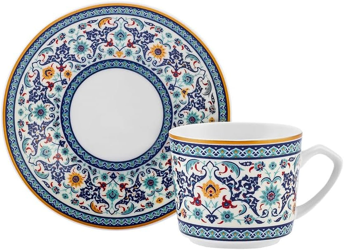 KARACA Beylerbeyi - 12 stykker tyrkisk kaffekopsæt Espressokopsæt af porcelæn med 6 underkopper 80 ml Espressokopsæt Traditionelt design - Blå
