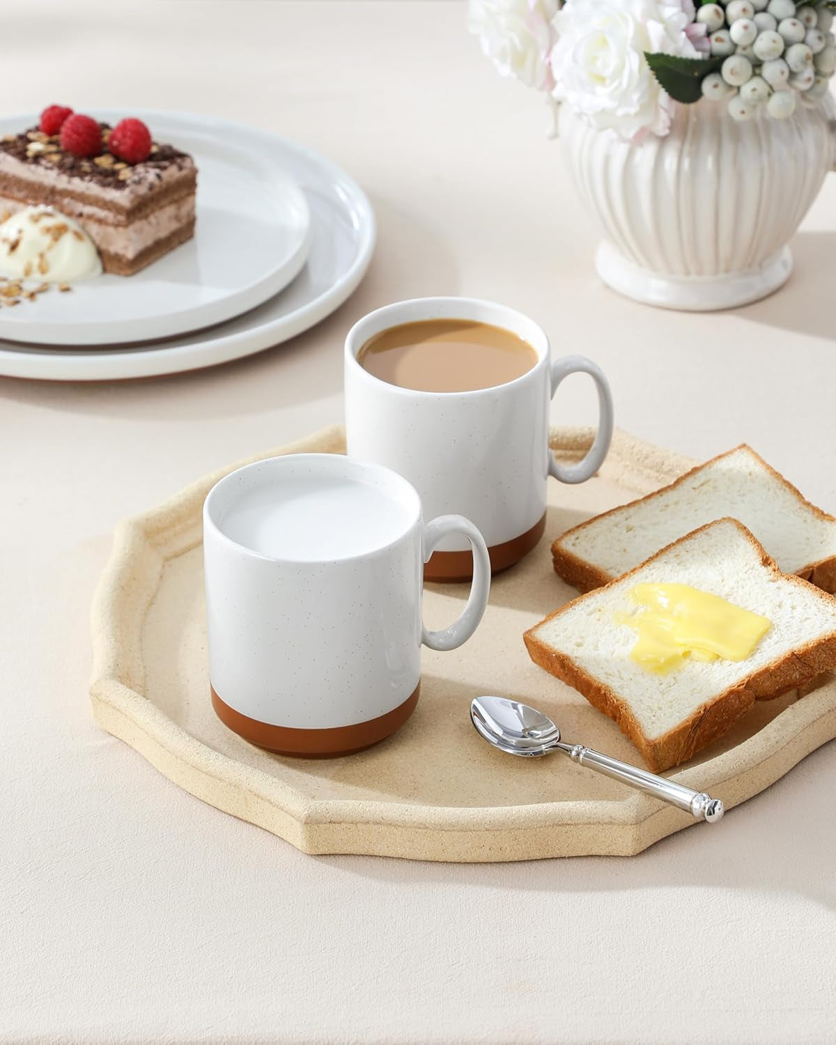 MALACASA kaffekrussæt, 350 ml krussæt i stentøj til 4 personer, moderne kaffekrus til te, juice, latte, cappuccino, varm chokolade. Tåler opvaskemaskine og mikroovn, TARA-serien, khaki hvid