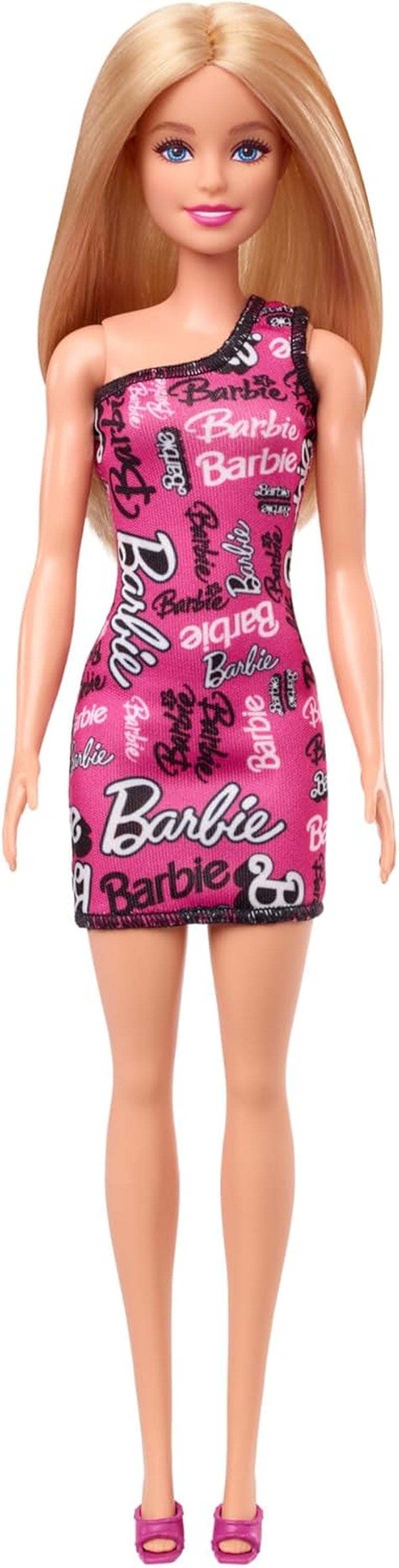 Barbie-modedukke med lige blondt hår i Pink One Shoulder Stretch-kjole og logotrykt sko HRH07 Naty Shop Dolls