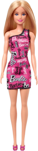 Barbie-modedukke med lige blondt hår i Pink One Shoulder Stretch-kjole og logotrykt sko HRH07 Naty Shop Dolls
