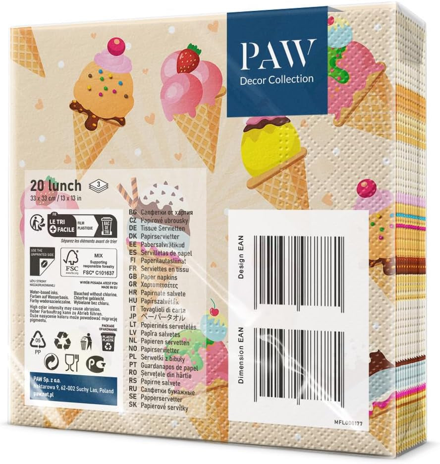 PAW - 3-lags servietter (33 X 33 Cm) I 20 stykker I Perfekt til fester, fødselsdage, helligdage I Bordpynt til børneselskaber - Farverigt motiv papirservietter - Is I Is