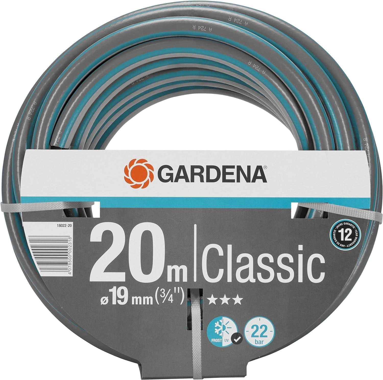 Gardena Classic Slange 19 mm (3/4 tomme), 20 m: Universal haveslange lavet af robust stof, krydsvævet, 22 bar sprængtryk, UV-bestandig, ingen systemkomponenter, 12 års garanti (18022-20)
