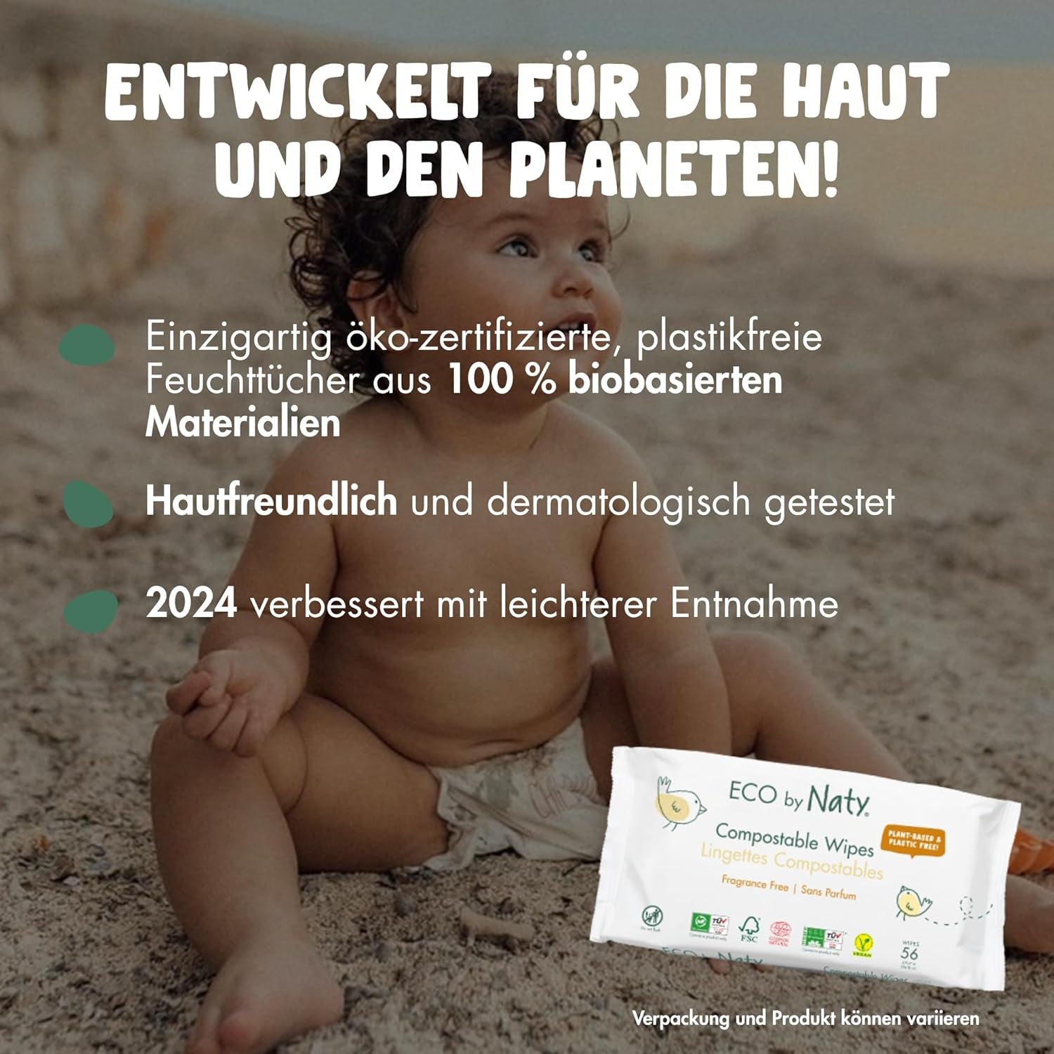 Naty Babyservietter | 100% urte- og duftfri til følsom hud | Plastfrie og certificerede komposterbare servietter med 98 % renset vand | 672 servietter (12 pakker)