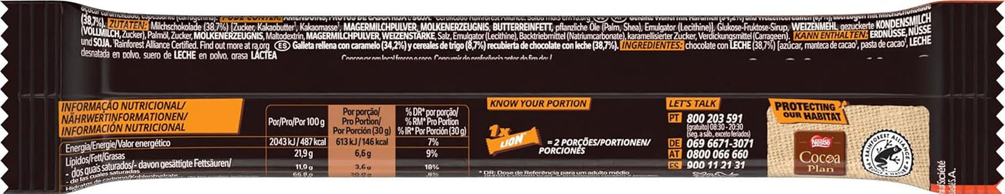 Nestlé LION chokoladebar med karamel, sprød snack, sprød chokolade og sprøde chips, karamelfyld, en speciel spiseoplevelse, multipakke, 28-pak (2 x 30 g hver)