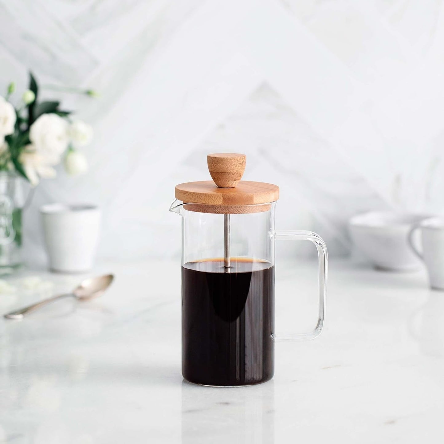 - Fransk kaffemaskine, kaffepresse, stempelkaffemaskine, fransk filterkaffekande, 3 kopper, 0,35 l, stål og træ