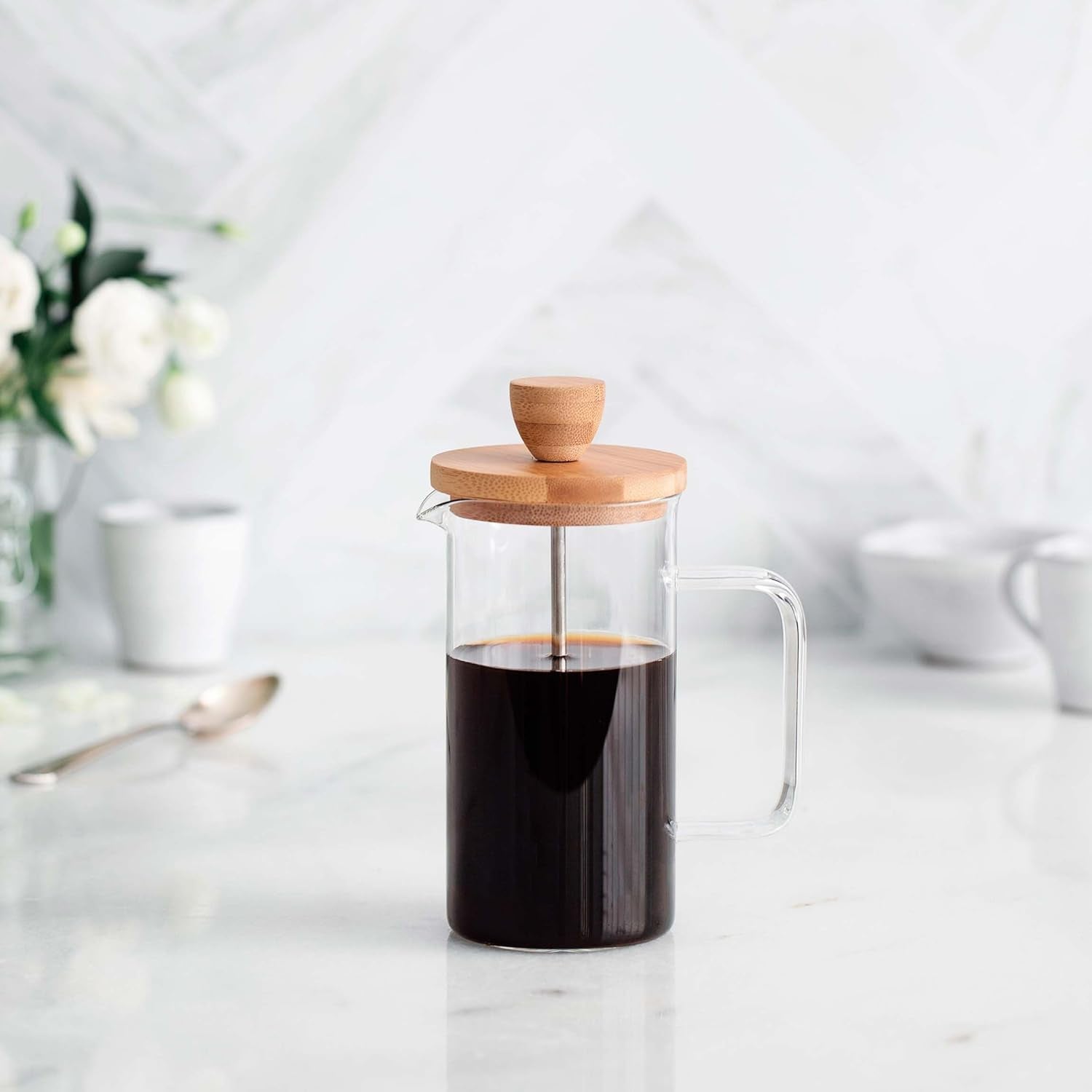 - Fransk kaffemaskine, kaffepresse, stempelkaffemaskine, fransk filterkaffekande, 3 kopper, 0,35 l, stål og træ