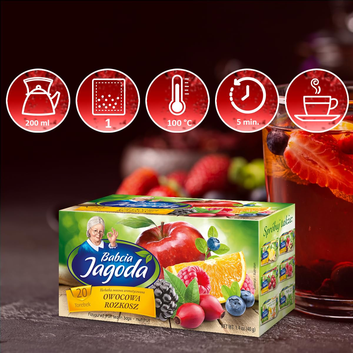 Babcia Jagoda - Frugtte "Fruchtige Verführung" - 20 teposer - Med hibiscus, æble, aronia, brombær, hyben, appelsinskal - Intens frugtsmag, koffeinfri, vegansk, naturlig, Cay - 40G