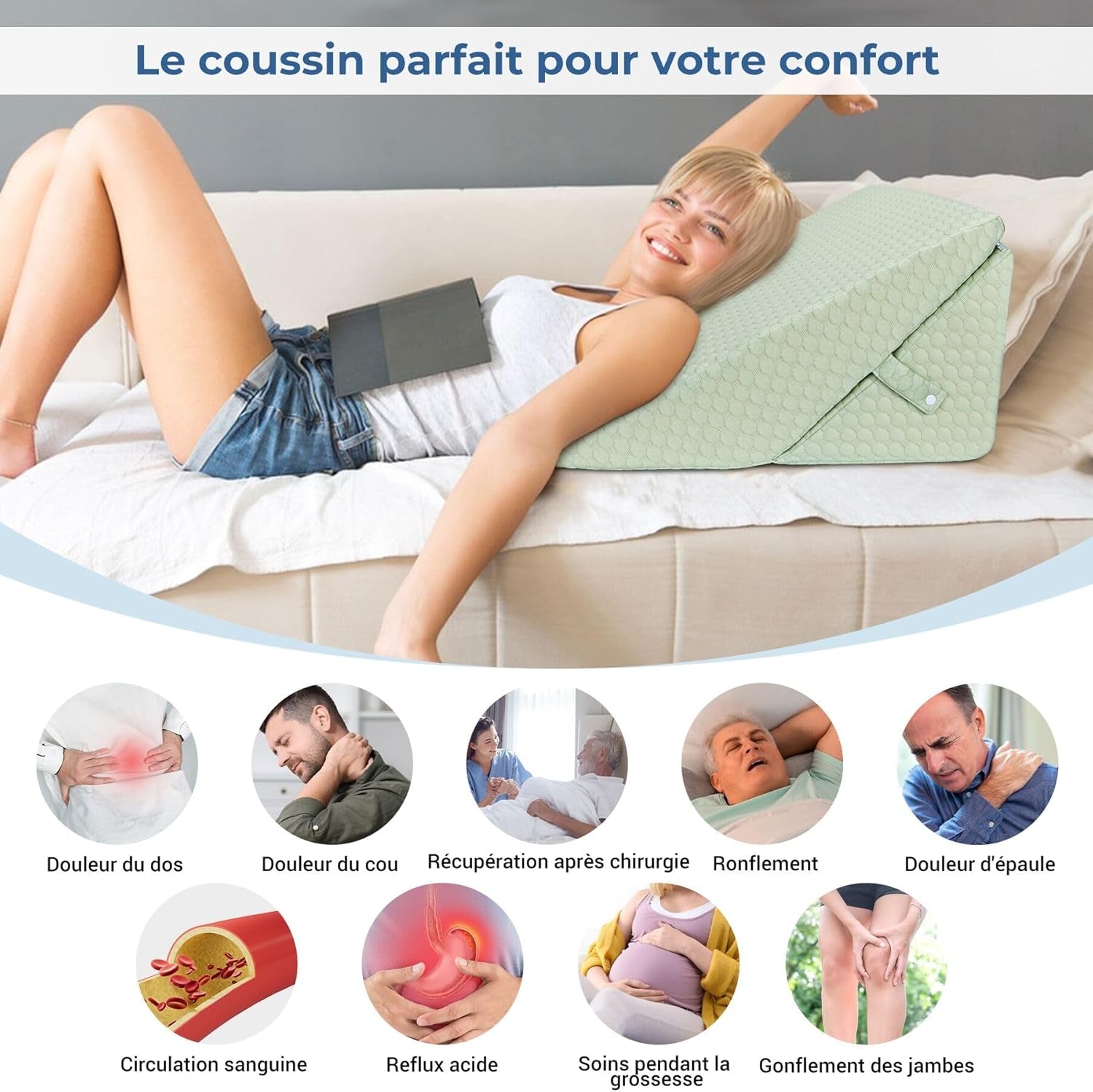 INFANZIA Kilepude til seng, Hjørnepude, Trekantpude, Sammenfoldelig, Memory Foam, Søvnapnø, Acid Reflux, Ben Elevation, Reading, Green