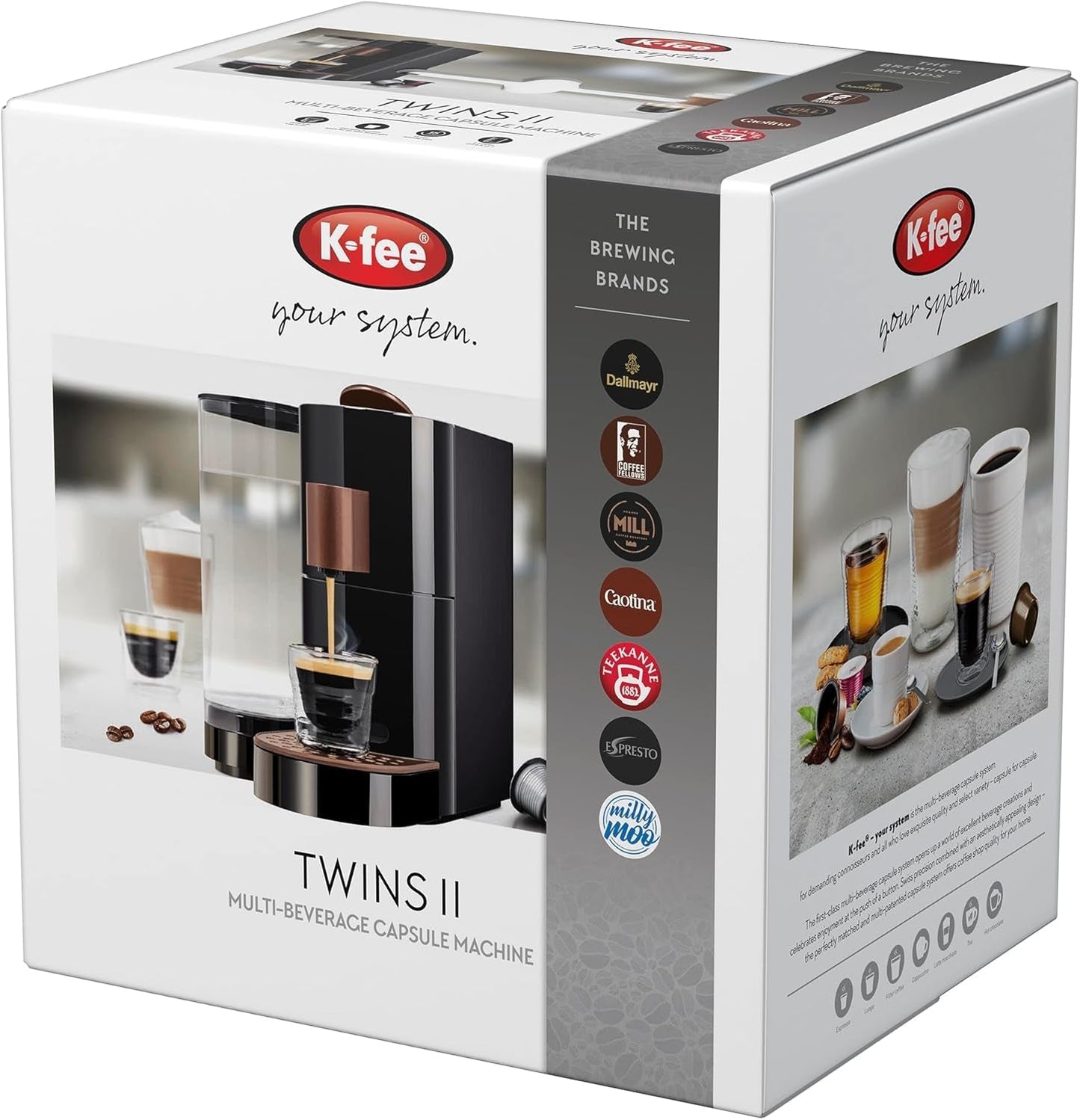 K-FEE TWINS II kapsel espressomaskine til kaffe, te og kakao | Espressomaskine til store kopper | Hurtig opvarmning | 2,3 l vandtank | 19 takter | Sort-kobber